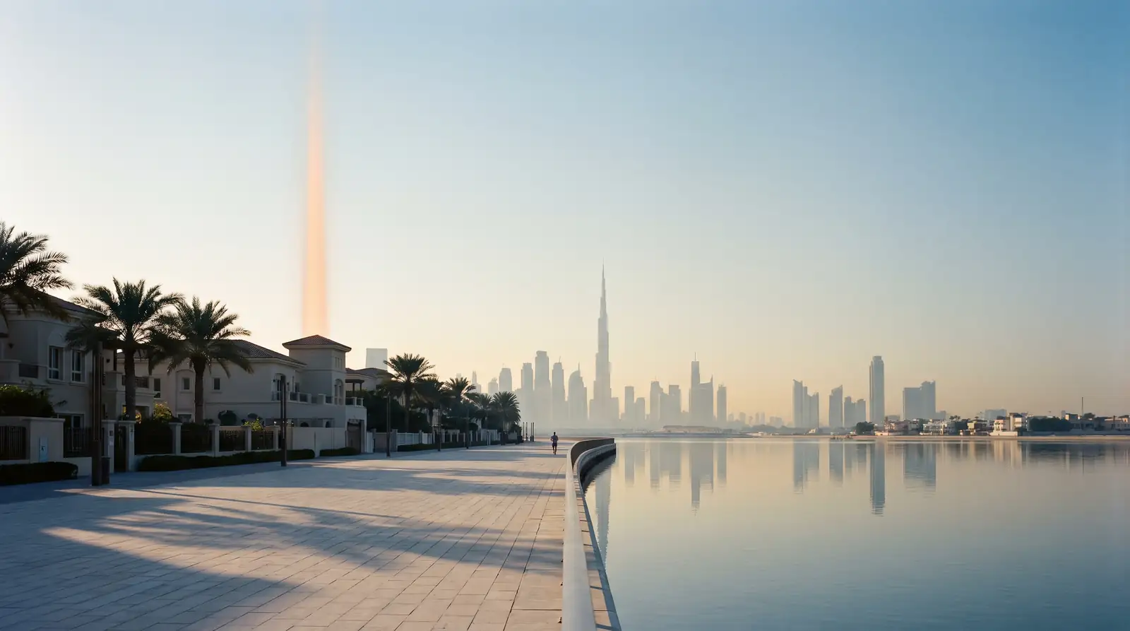An empty Dubai waterfront promenade at dawn, the skyline in haze, one runner far in the distance, and a single slender column of light rising from a rooftop