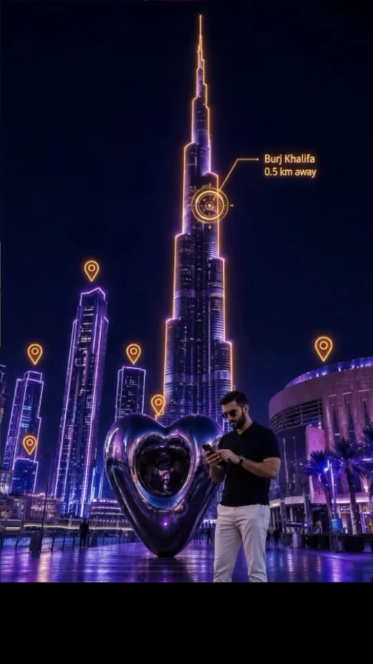 A man in downtown Dubai at night looking at his phone, the Burj Khalifa lit behind him with a marker reading Burj Khalifa 0.5 km away, and glowing pins over the towers around him