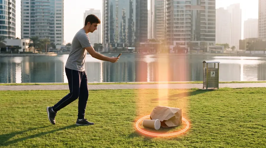 Illustration of a person in a Dubai lakeside park with litter marked by a glowing ring
